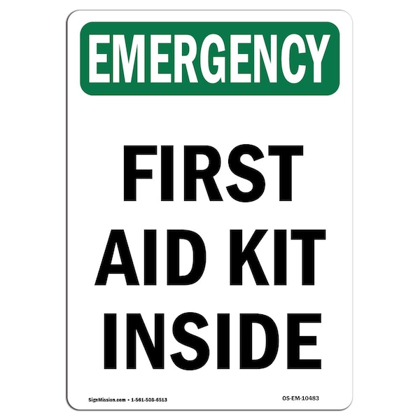 Safety Sign, OSHA EMERGENCY, 24" Height, Aluminum, First Aid Kit Inside, Portrait, EM-A-1824-V-10483